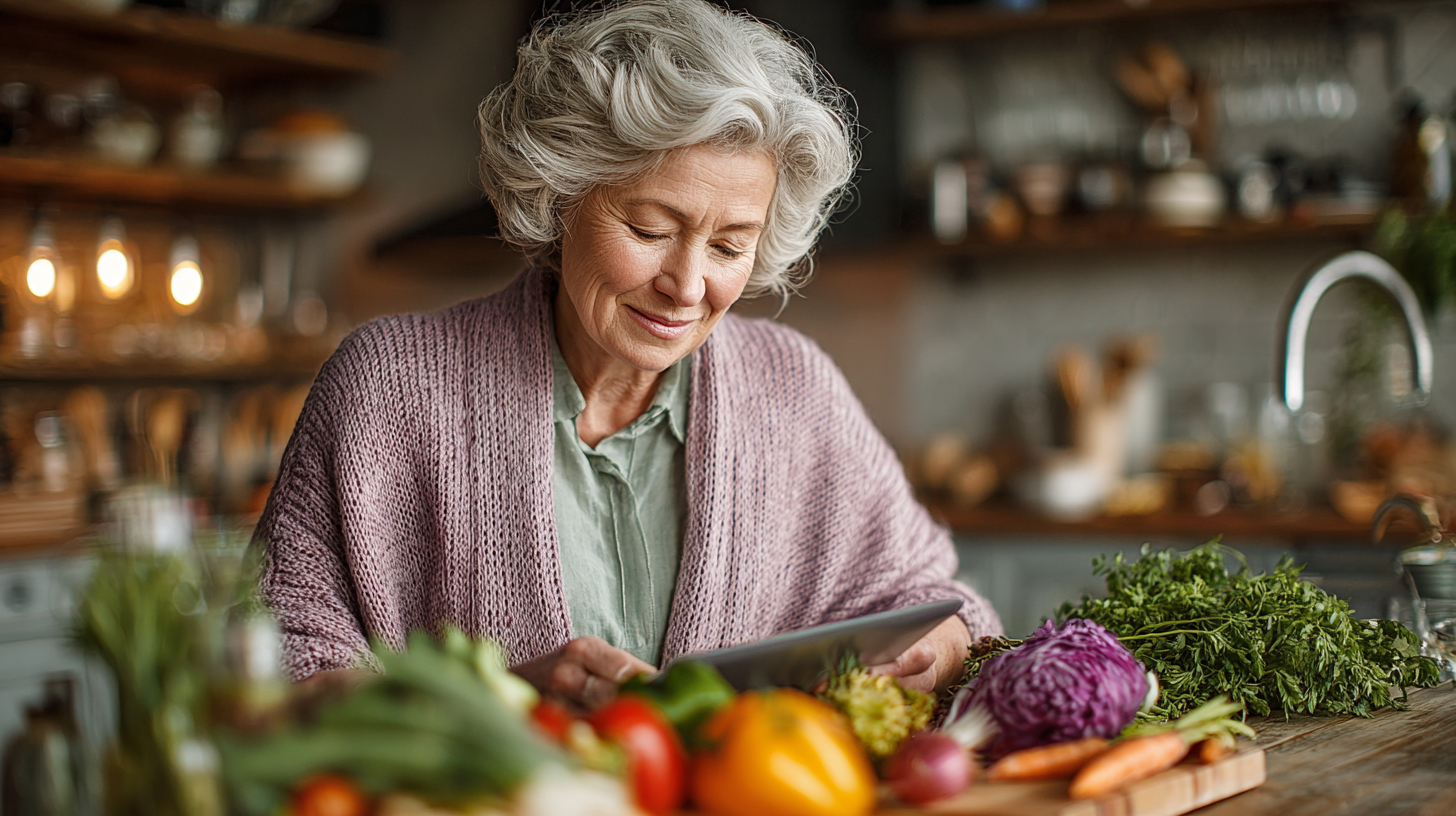 Senior femei planificând mese sănătoase în bucătărie